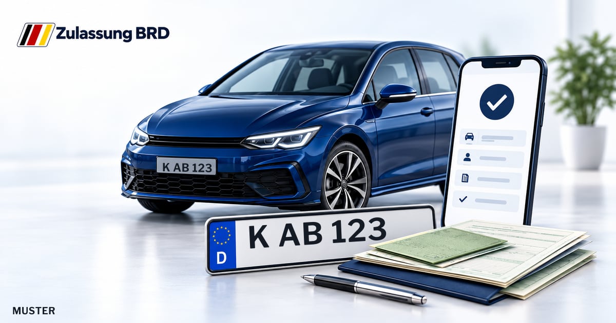 Online Fahrzeugzulassung in Köln: Musterkennzeichen K AB 123, Auto und Fahrzeugpapiere und Smartphone. Illustration mit Logo von Zulassung BRD.